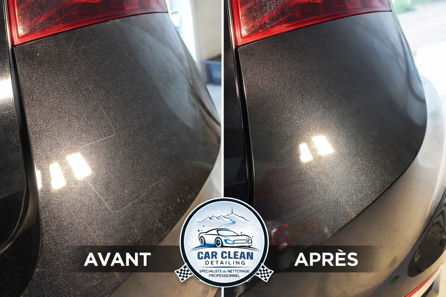 Carrosserie noire avant et après correction du vernis